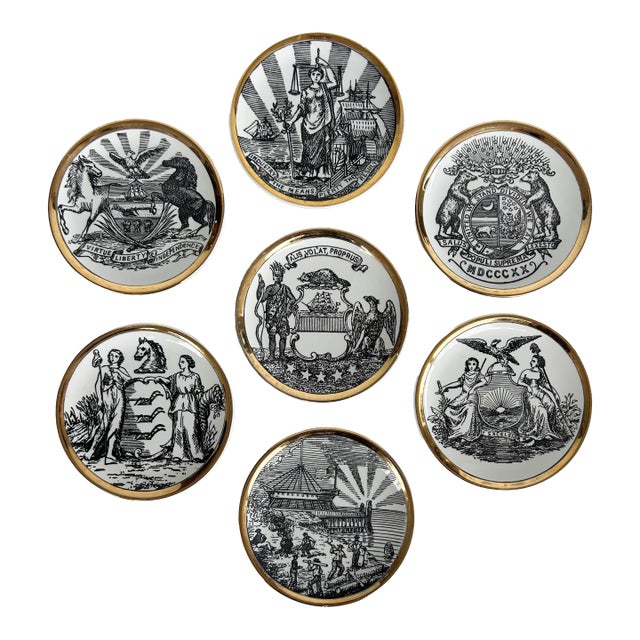Piero Fornasetti 1950s Emblems of the States Coaster Set of 7, Italy For Sale