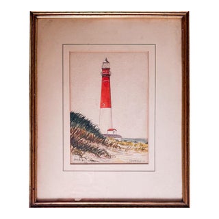 Signed 1938 J D Howard Original Watercolor Painting Historic Barnegat Lighthouse New Jersey Coastal Decor For Sale