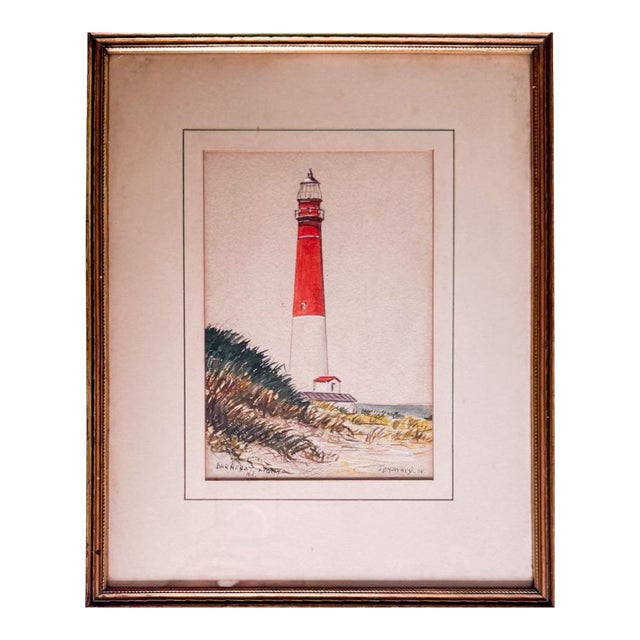 Signed 1938 J D Howard Original Watercolor Painting Historic Barnegat Lighthouse New Jersey Coastal Decor For Sale