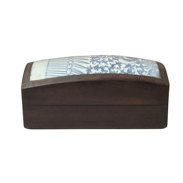 1970s Chinese Old White Base Blue Scroll Flowers Porcelain Brown Wood Box For Sale - Image 5 of 9