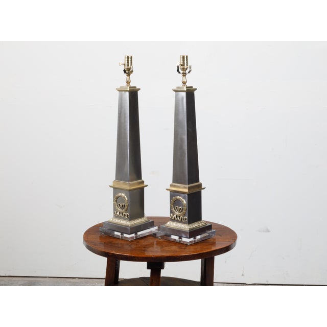 Dark Gray Pair of French Midcentury Steel and Brass Truncated Obelisk Table Lamps For Sale - Image 8 of 10