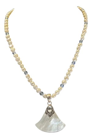 Late 20th Century Sterling Silver Freshwater Pearl Necklace With Fan Shaped Mother-of-Pearl Pendant Set With Blue Gemstone.
