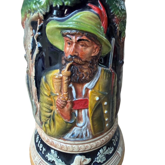 Large 2l German Stein With Hunter, Stag, and Squirrel Handle For Sale - Image 4 of 11