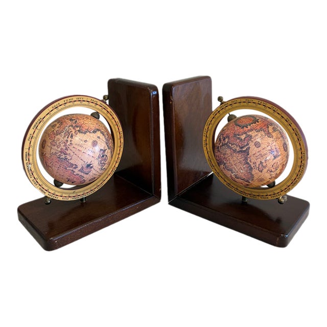 Vintage Old World Globe Wood Bookends, a Pair For Sale