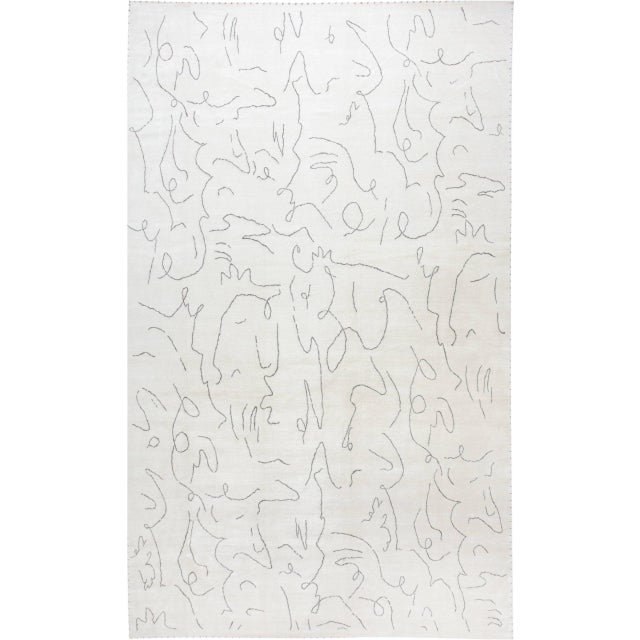 Modern Jean Cocteau-Inspired Abstract Gray Silk Oversized Rug "Graffito" For Sale