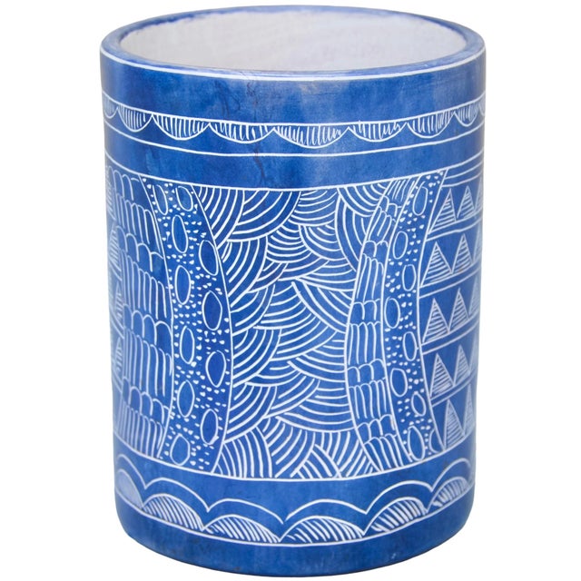 African Vintage Handmade West-African Blue-Patterned Soapstone Accent Catchall For Sale - Image 3 of 7