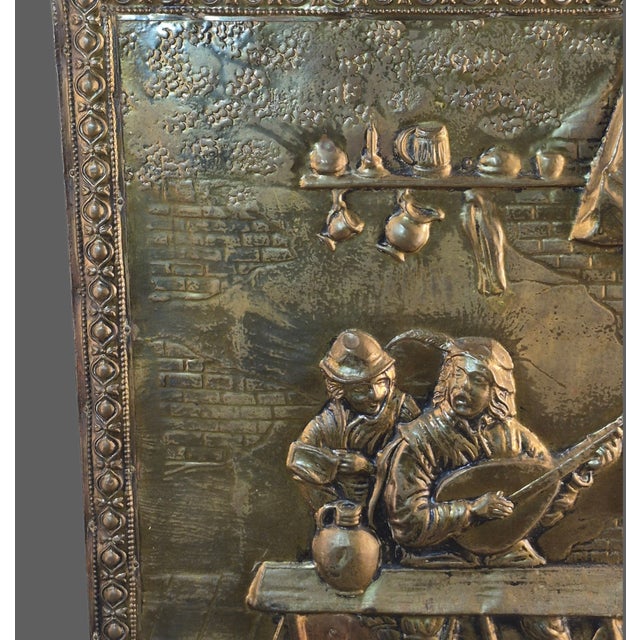 Brass Antique Stamped Repousse Brass Figural Tavern Scene Fireplace Screen For Sale - Image 8 of 13