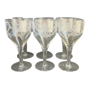 Early 20th Century Fostoria Garland Crystal Wine Glasses Etched Water Goblets- Set of 6
