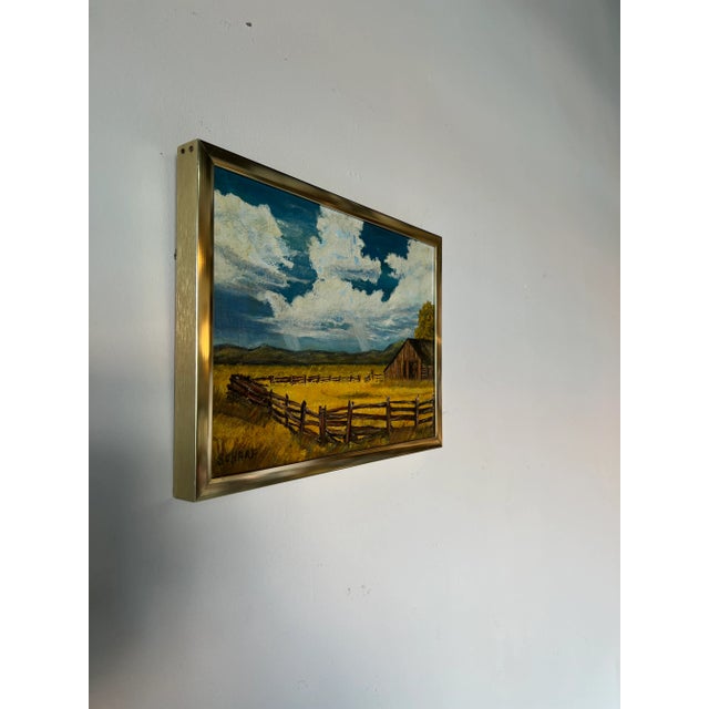 Available for sale this beautiful Vintage oil painting depicts old barn in an autumn landscape with mountains in the...