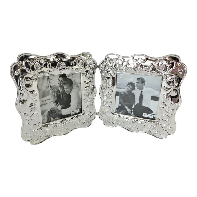 Vintage Elegant Silver-Plated Rose Velvet Back Double 5.5" Picture Frame - New Old Stock For Sale
