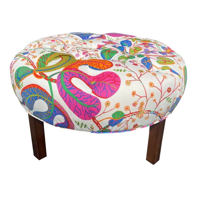 Large Round Ottoman Upholstered in Josef Frank Teheran Linen Fabric For Sale