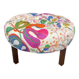 Large Round Ottoman Upholstered in Josef Frank Teheran Linen Fabric