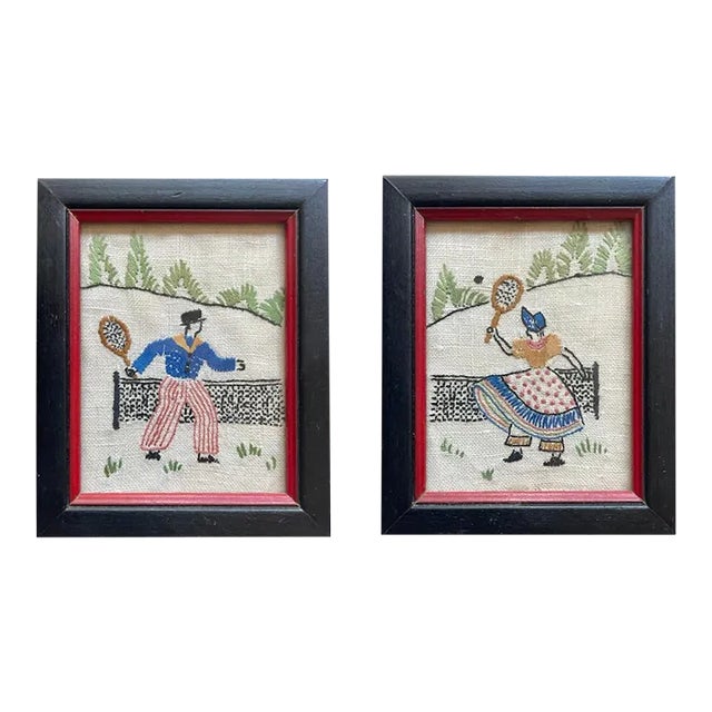 Vintage Embroidered Tennis Portraits - a Pair For Sale