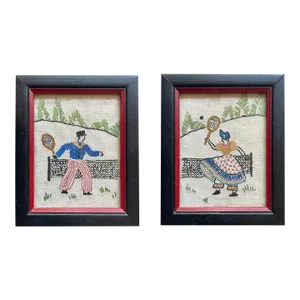 Vintage Embroidered Tennis Portraits - a Pair