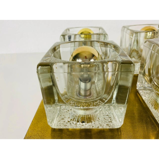 Brass and Frosted Ice Glass Cube Flush Mount from Peill & Putzler, 1970s For Sale - Image 6 of 9
