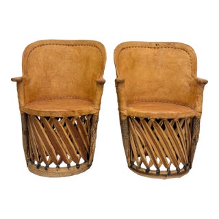 Vintage Leather & Wood Armchairs - A Pair For Sale