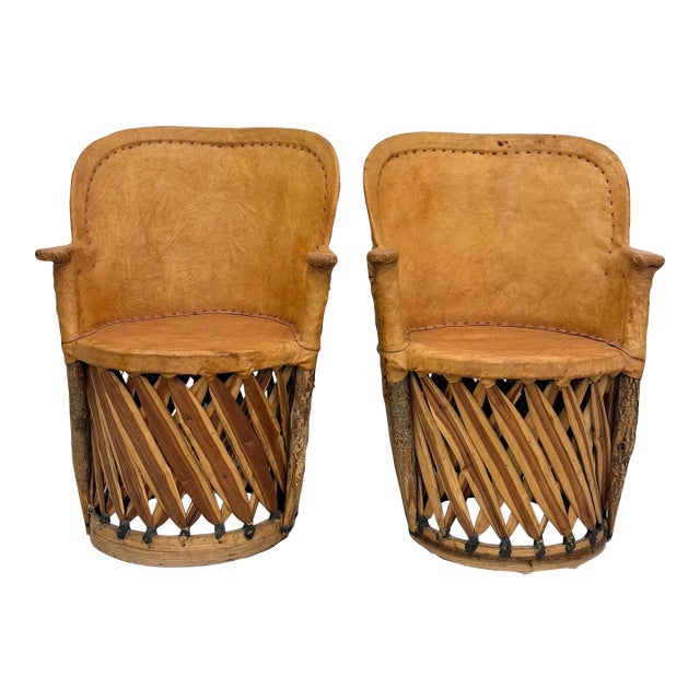 Vintage Leather & Wood Armchairs - A Pair For Sale