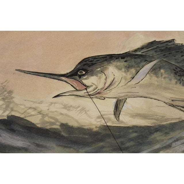 Classic watercolour depicting a leaping swordfish taking the bait! Art: 17 1/2" x 13 1/2" Frame: 26 1/2" x 22 1/2"