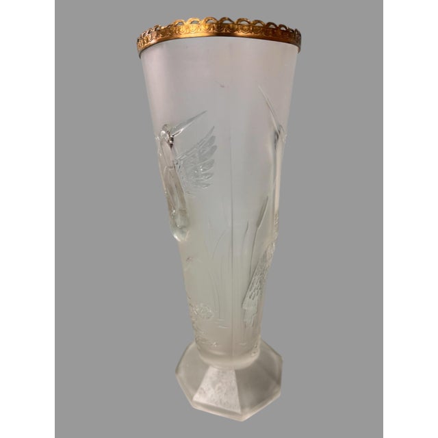 Vintage Czech Style Art Deco Embossed Satin Glass Libochovice 10" Heron Egret Vase For Sale - Image 11 of 11