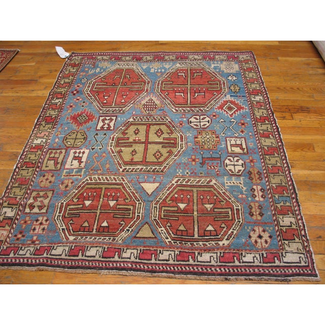 Early 20th Century Caucasian Moghan Rug ( 4'2" x 4'4" - 127 x 132 ) Antique Caucasian Small Scatter Size Wool Blue Rug,...
