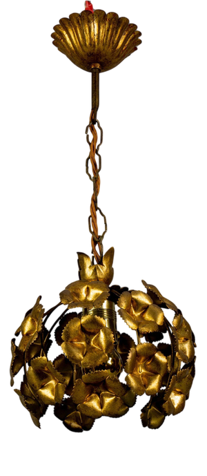 Hollywood Regency Style Gilt Metal Floral Pendant Light, 1970s