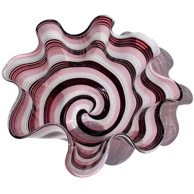 Abstract Vintage Murano Dark Purple Pink White Swirling Ribbons Italian Art Glass Decorative Fazzoletto Flower Vase For Sale - Image 3 of 8