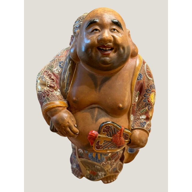 Japanese Vintage Japanese Kutani Moriage Hotei Laughing Buddha Statue 10.5" Hand Painted For Sale - Image 3 of 12