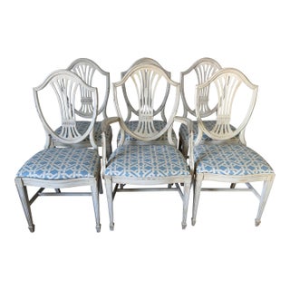 Set of Six Vintage Gustavian Style Shield-Back Dining Chairs With Distressed White Finish For Sale