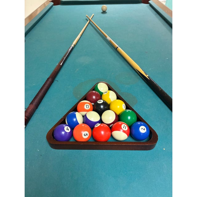 American Billiard Table, Vintage, Accessories Included (Pool Balls, Pool Cues, Stacking Trays, and Chalk) For Sale - Image 3 of 6