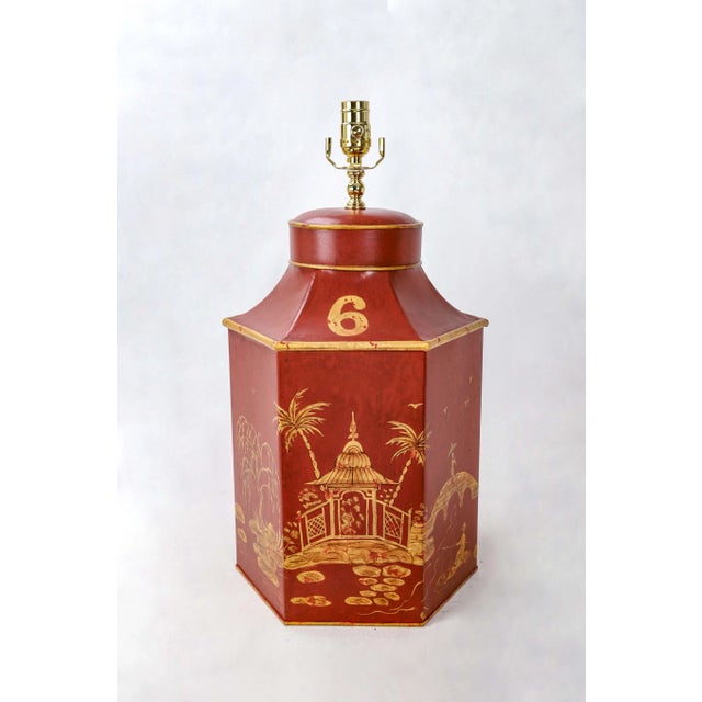 Metal Vintage English Export Red Hexagonal Tole Chinoiserie Tea Caddy Lamp Number 6 For Sale - Image 7 of 8