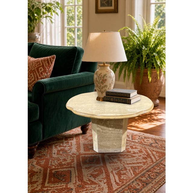 1970s Pair of 1970s Italian Travertine Scalloped Edge Pedestal End Tables For Sale - Image 5 of 18