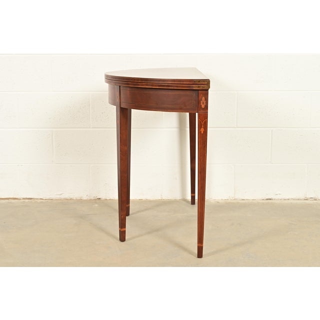 Baker Furniture Federal Inlaid Mahogany Flip-Top Demilune Console Table or Entry Table For Sale - Image 10 of 13