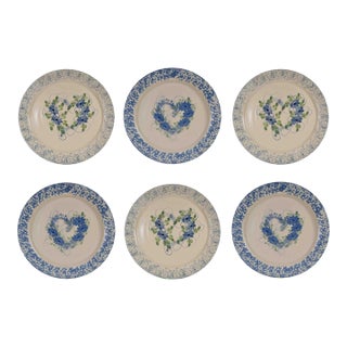 Mid 20th Century Hand Made Hand Painted East Texas Pottery Spring Heart Dinner Plates - Set of 6 For Sale