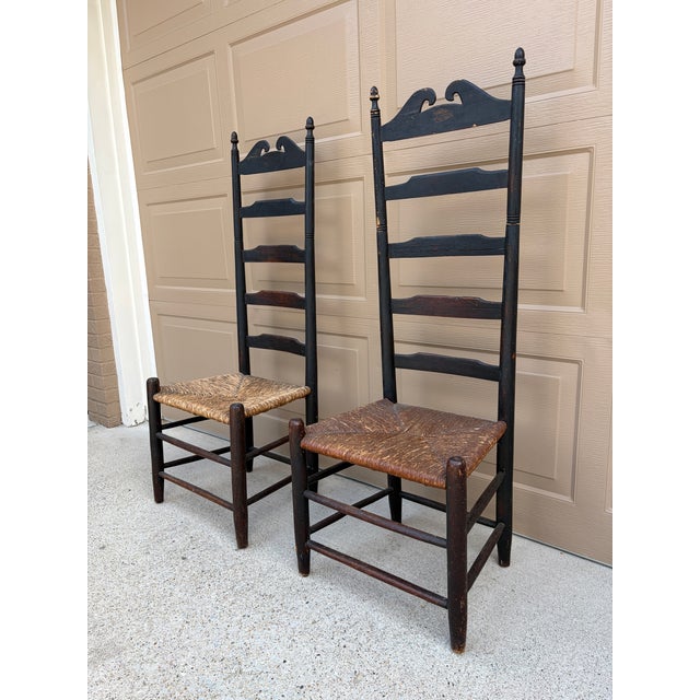 American Pair of Antique Black Painted Shaker Ladder Back Chairs With Rush Seats For Sale - Image 3 of 18