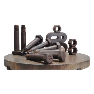 Mid 20th Century Set of 16 Industrial Oversized Iron Nuts Bolts and Link Plates For Sale