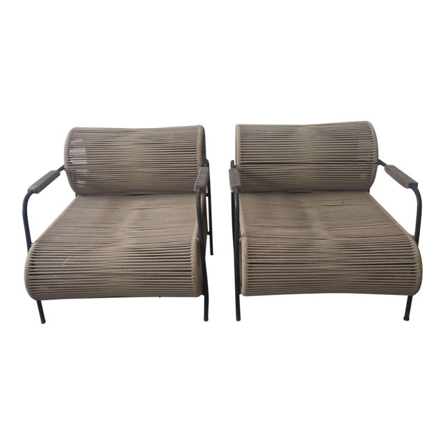 Pair of Elo Armchair Lounge Chair in/Outdoor in Metal, Rope and Wood Arm by Filipe Ramos, Attributed For Sale
