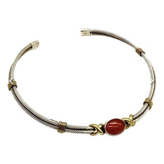 Mid 20th Century Taxco Sterling Silver Carnelian Cable Twist Choker Necklace For Sale
