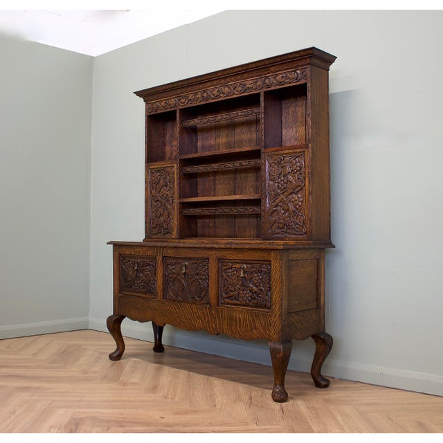 Vintage Jacobean Oak Carved Cabinet Dresser, 1980s For Sale - Image 3 of 13