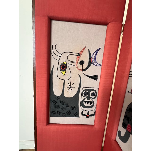 Vintage Mid Century Modern Needlepoint Joan Miro Style Small Room Divider Wall Art Faux Bamboo Abstract For Sale - Image 9 of 10