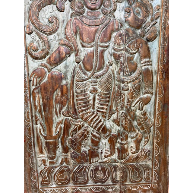 Wood Radha Krishna Carved Wood Wall Art Blue Vintage Barn Door Wall Panel 84x41 For Sale - Image 7 of 7