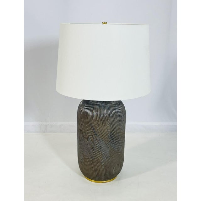 Modern Ralph Lauren Ceramic Table Lamp With Brass Accents & White Shade For Sale - Image 3 of 16