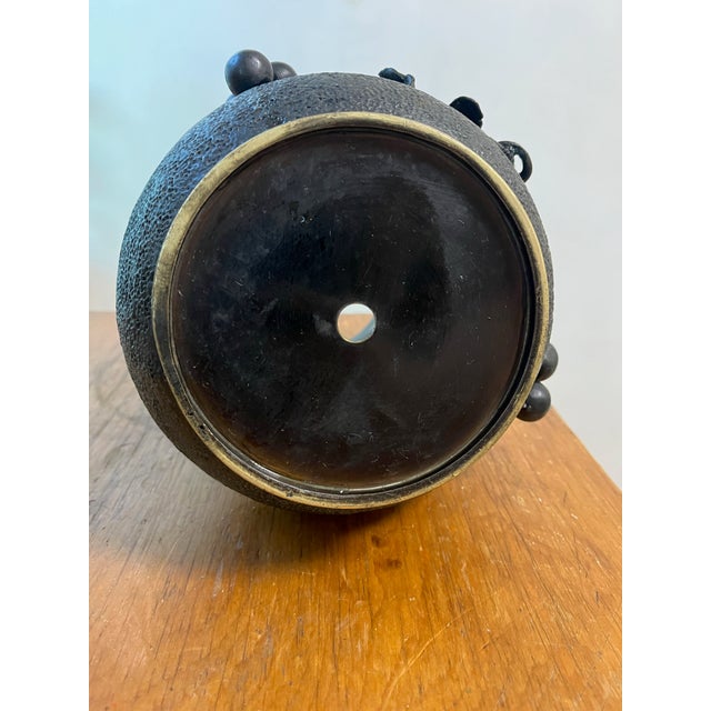 Antique Japanese Bronze Textured Black Metal Floral Vase Meiji Era For Sale - Image 9 of 12