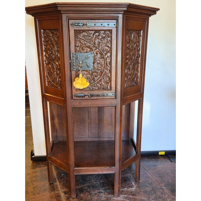 Gothic Oak French Highly Carved Liquor Cabinet With Gothic Foliage and Original 1880s Key For Sale - Image 11 of 13