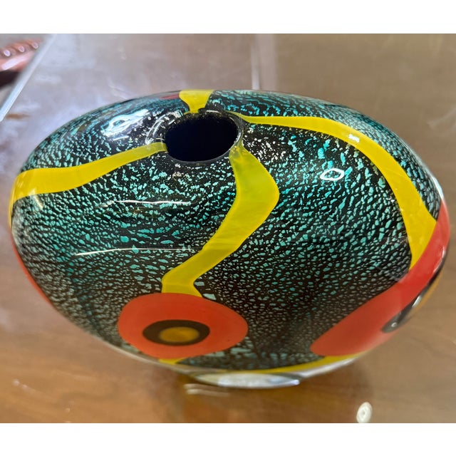 Allain Guillot French Studio Art Glass Vase, Turquoise Foil With Red Murrine and Yellow Bands, Signed m.06-50 For Sale - Image 4 of 11