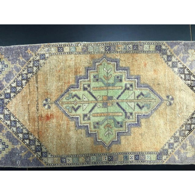 Vintage Faded Turkish Handmade Wool Orange and Blue Small Rug For Sale - Image 4 of 6