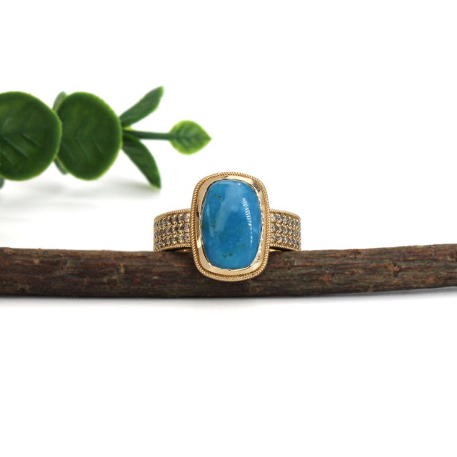 Contemporary 3.3ct Sonoran Turquoise Ring With Natural Diamond Accents in Solid 14k Gold, Size 6.75 For Sale - Image 3 of 6