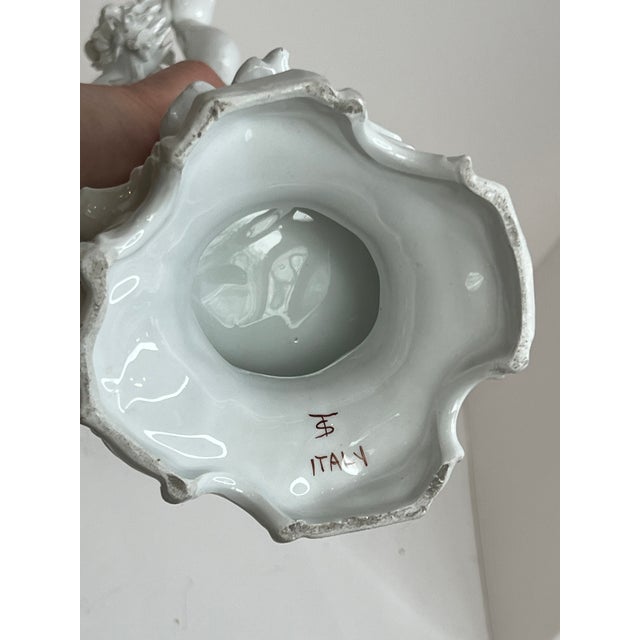 Mediterranean Mid-Century Italian Porcelain Cherub Figures With Floral Garlands Vases a Pair For Sale - Image 3 of 15