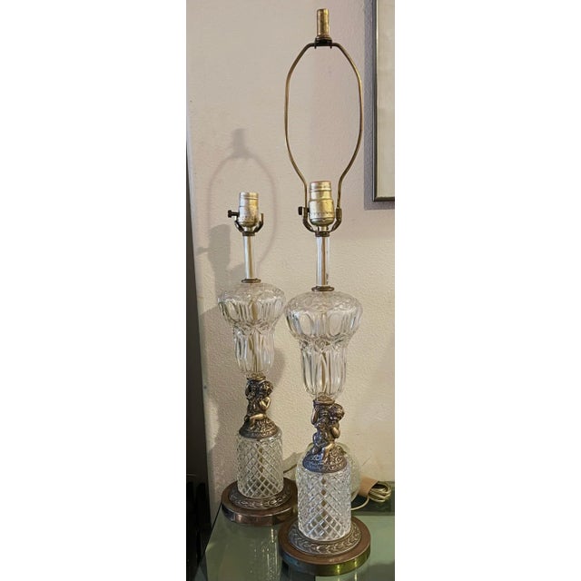 1940s Pair of 1940s Hollywood Regency Cherub Waterford Lamps No Labels, Appraised as Stiffel Circa 1940’s. For Sale - Image 5 of 12
