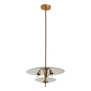1940s Mid-Century Modern Italian Glass + Brass Chandelier with Star Motifs For Sale