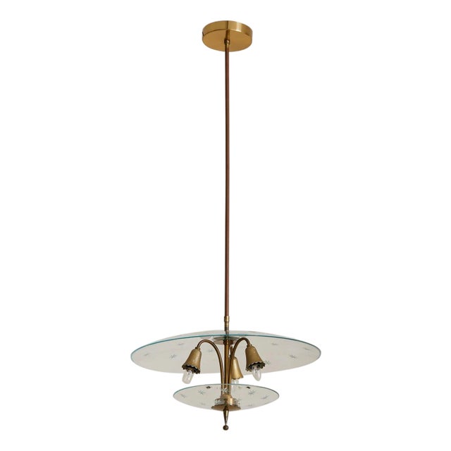 1940s Mid-Century Modern Italian Glass + Brass Chandelier with Star Motifs For Sale
